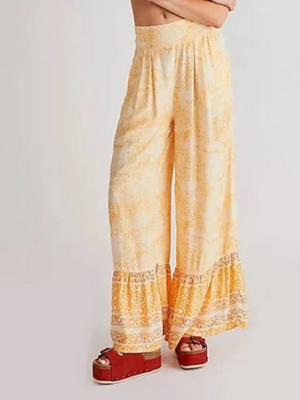 Free People Vanessa Printed Smocked High Waist Yellow Wide Leg Pants M